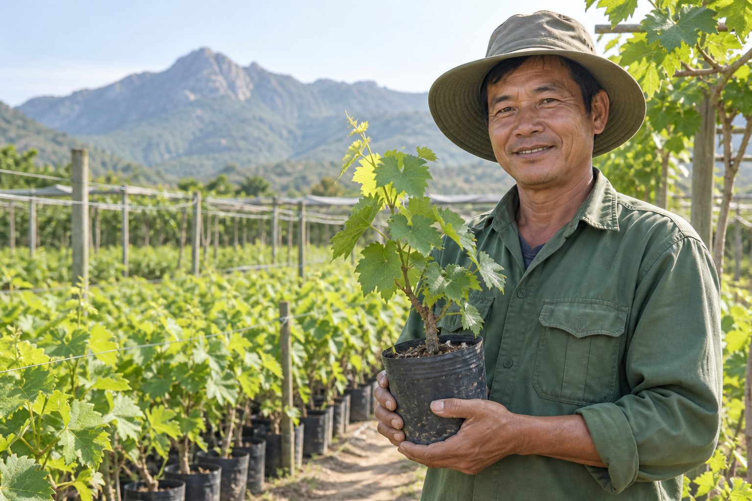 Nhà vườn chăm sóc cây nho giống